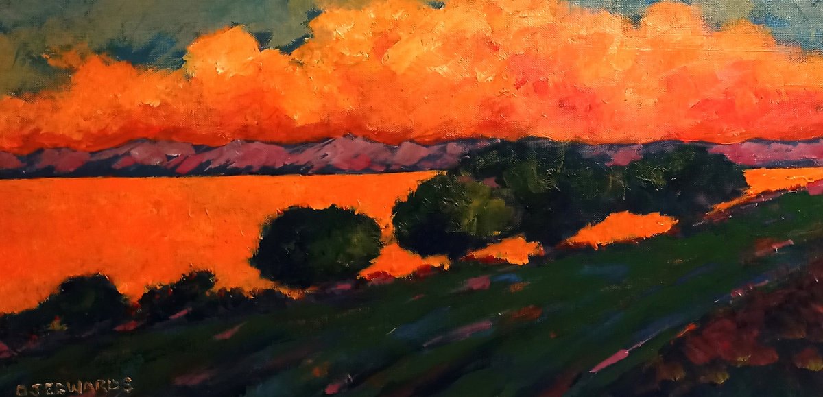 Impressionistic Landscape Acrylic Painting By David J Edwards, 24 X 12, Evening, Field Edge, Original Artwork