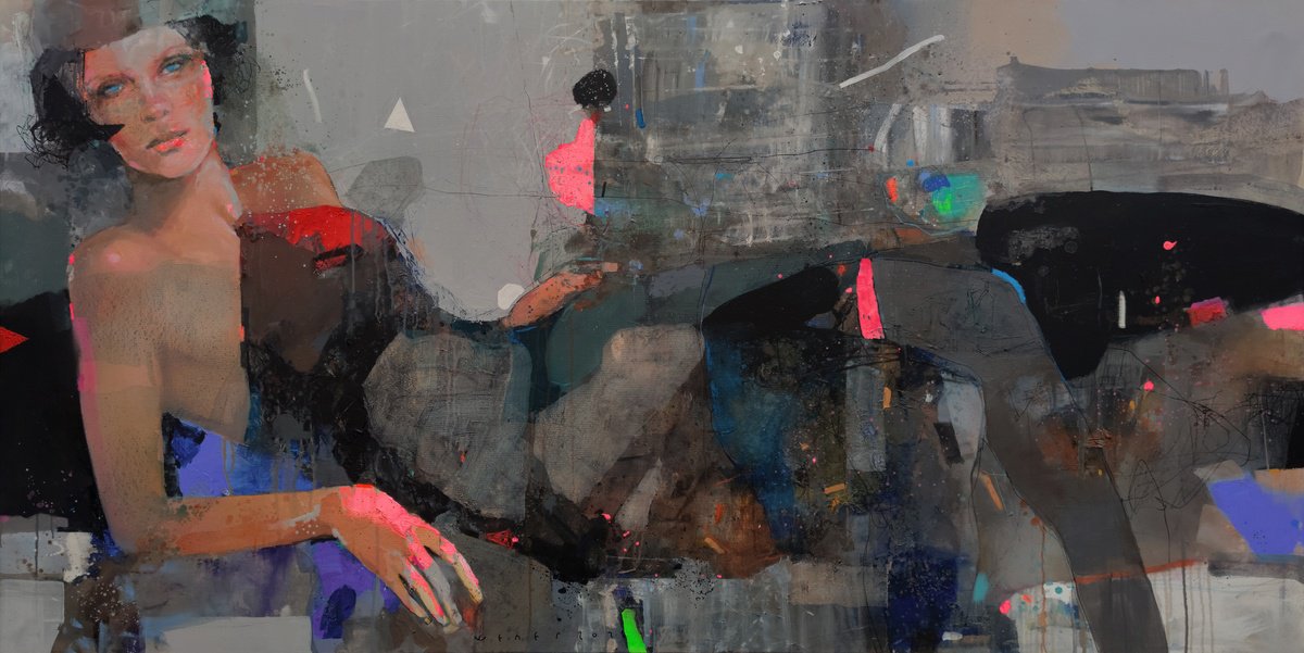 Expressive Portrait Oil Painting By Victor Sheleg, 79 X 39", Chillin Lady On The Couch, Original Artwork