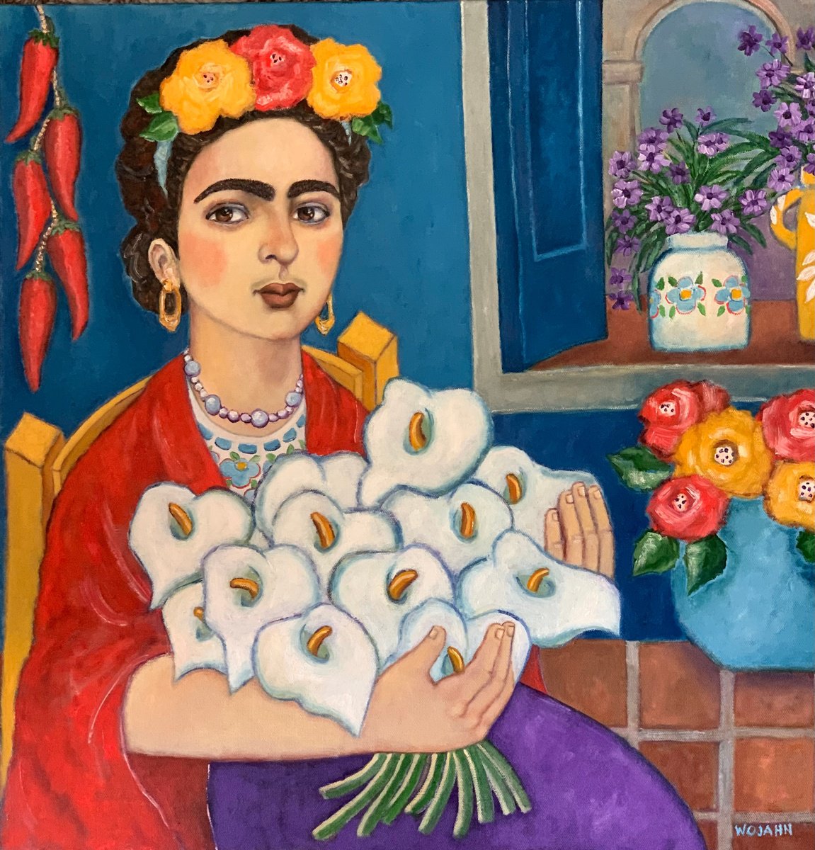 Naive Oil Painting , Frida With Flowers By Holly Wojahn, 24 X 24, Artwork For Sale On Artfinder