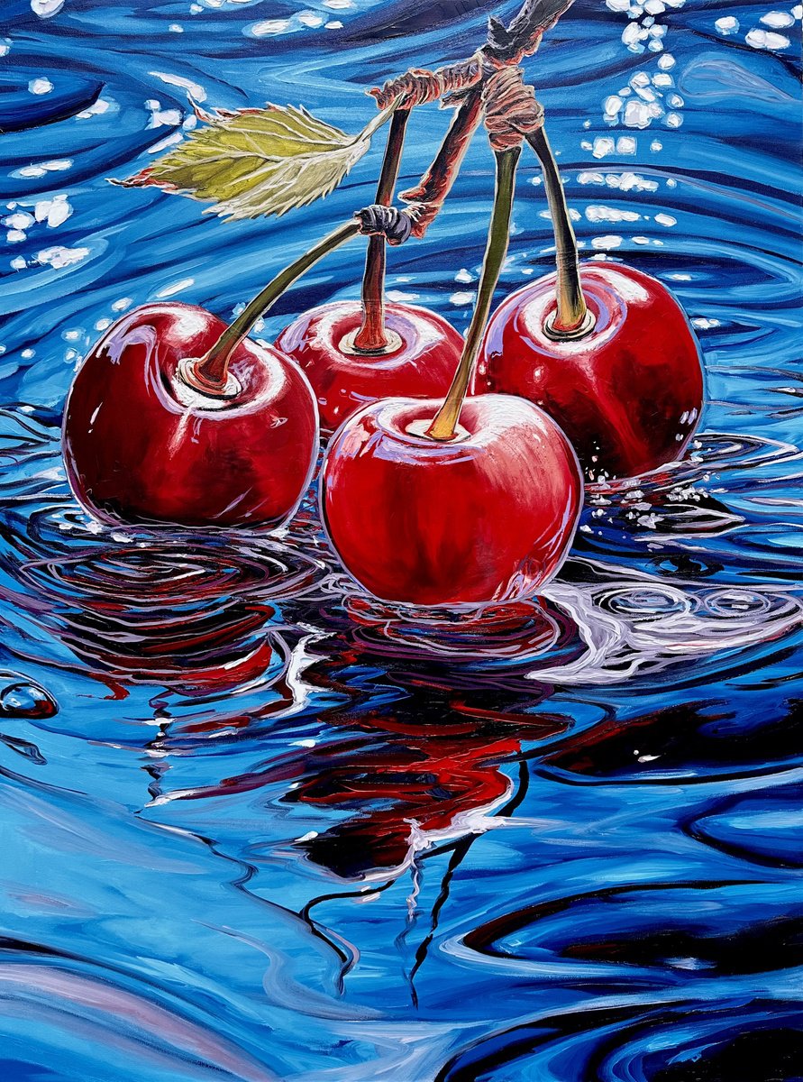 Photorealistic Still Life Oil Painting By Elena Adele Dmitrenko, 36 X 48, Cherry Time, Original Artwork