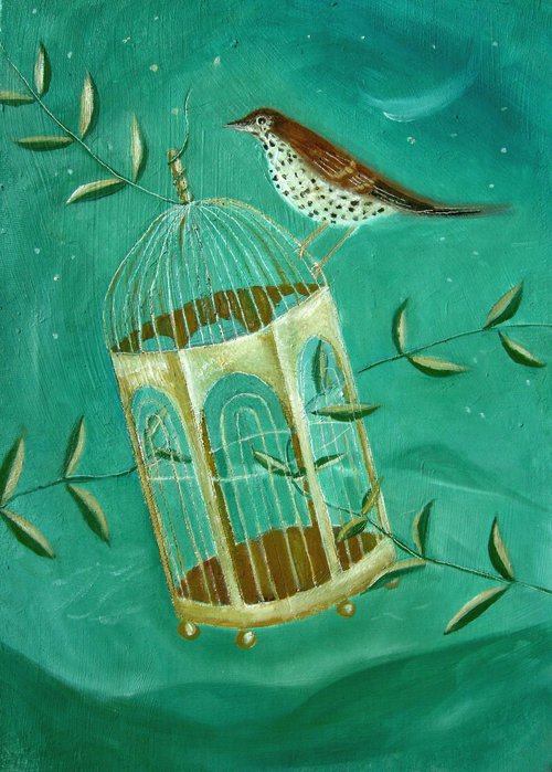 Birdcage with Songthrush by Mary Stubberfield