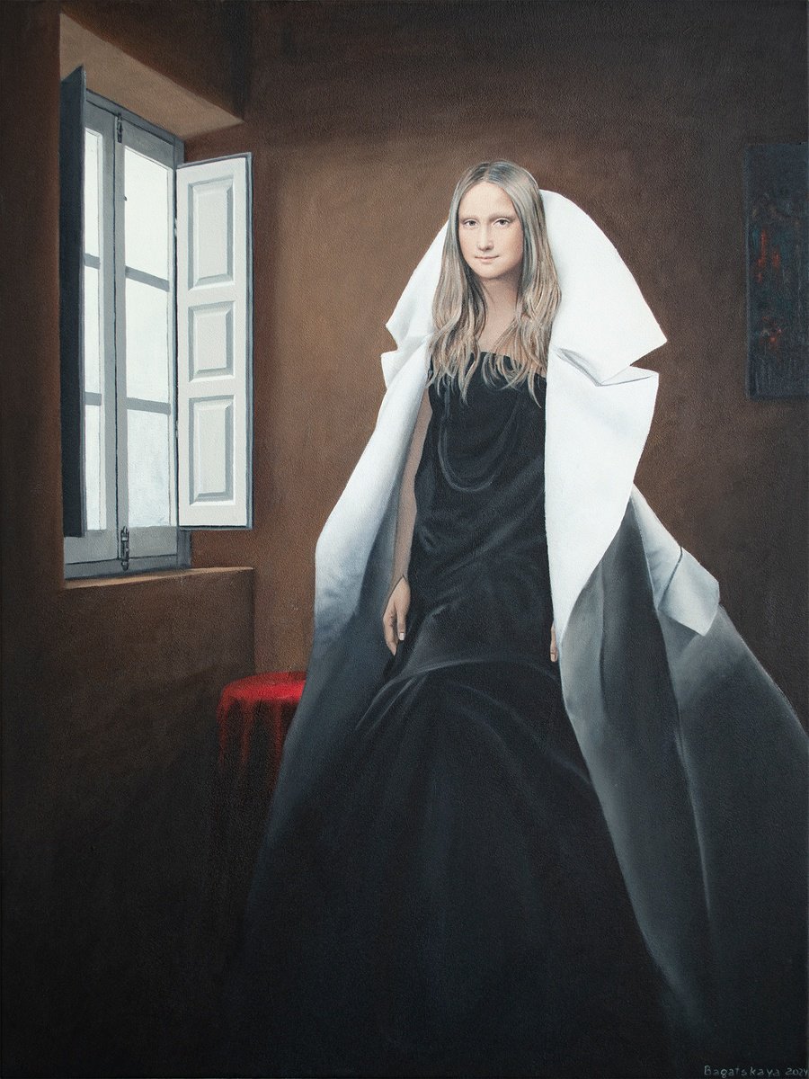 Photorealistic Portrait Acrylic Painting By Nataliya Bagatskaya, 30 X 39", Flow Of Time In The Window, Original Artwork