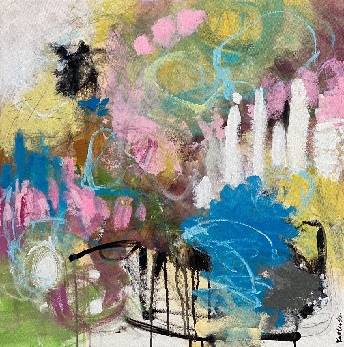 Organic Abstract Acrylic Painting By Kat Crosby, 24 X 24", In And Around The Lake, Original Artwork