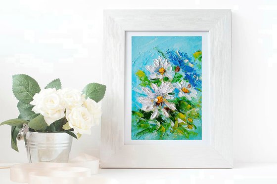 Daisy Painting Floral Original Art Small Flower Artwork Forget Me Not Wall Art