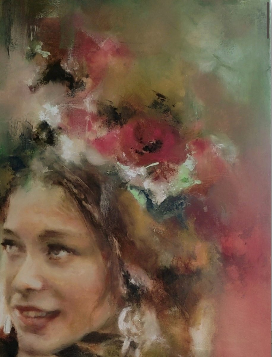 Impressionistic Portrait Oil Painting By Yuliia Kyrsanova, 20 X 28", Poppy Wreath, Original Artwork