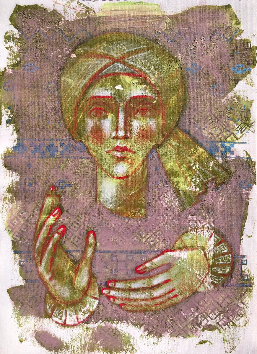 Naive Portrait Acrylic Painting By Yuliia Chaika, 12 X 17", - Puppet” Woman Portrait, Original Artwork