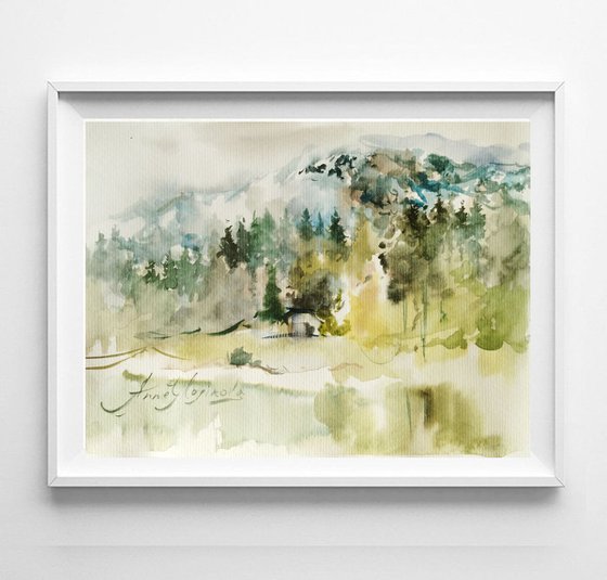 Watercolor landscape Original Art. Watercolor Forest Paintings