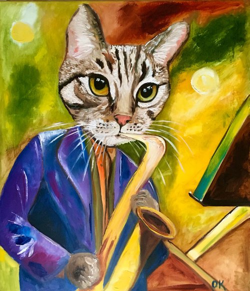 Cat  Saxophonist, musician, feline art for cat lovers. by Olga Koval