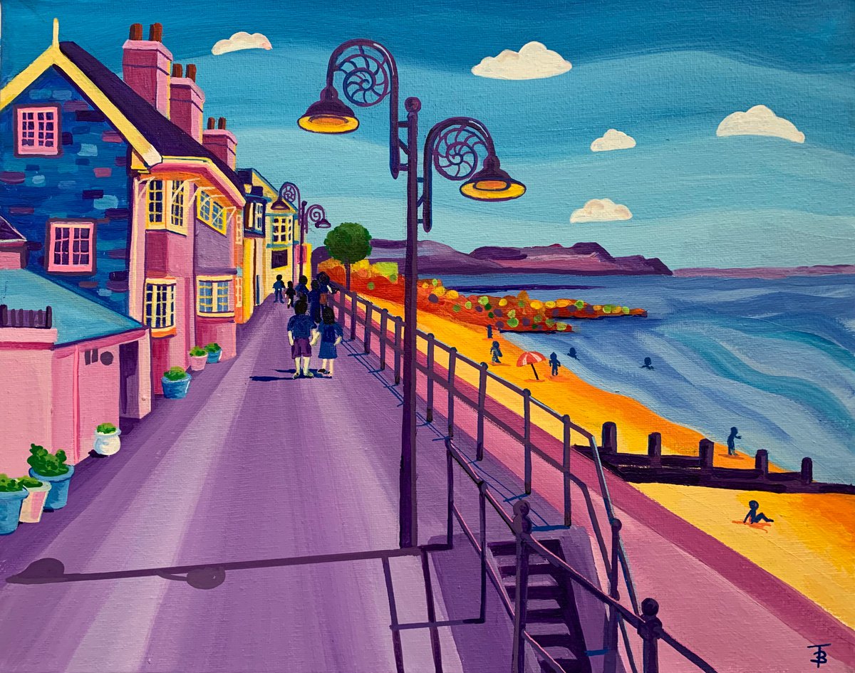 Landscape Acrylic Painting By Tiffany Budd, 14 X 11", The Promenade- Lyme Regis, Original Artwork