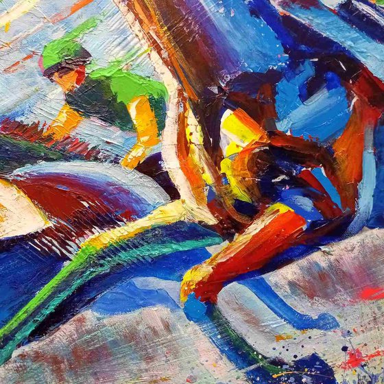 Expressive Horse Racing Artwork, Dynamic Vibrant Acrylic Painting, Impressionist Style