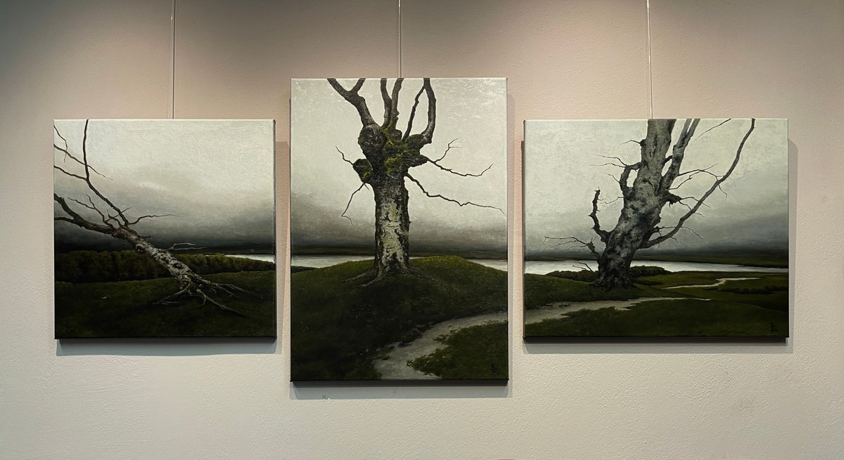 Impressionistic Landscape Oil Painting By Oleg Baulin, 63 X 28", Trees. A Triptych, Original Artwork