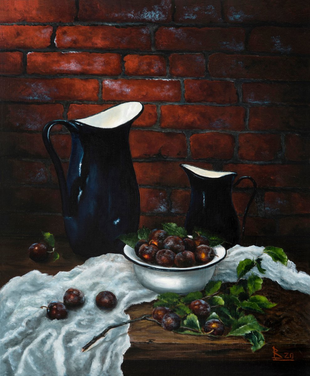 Impressionistic Still Life Oil Painting By Oleg Baulin, 20 X 24", "The Still Life With Blue Jugs", Original Artwork