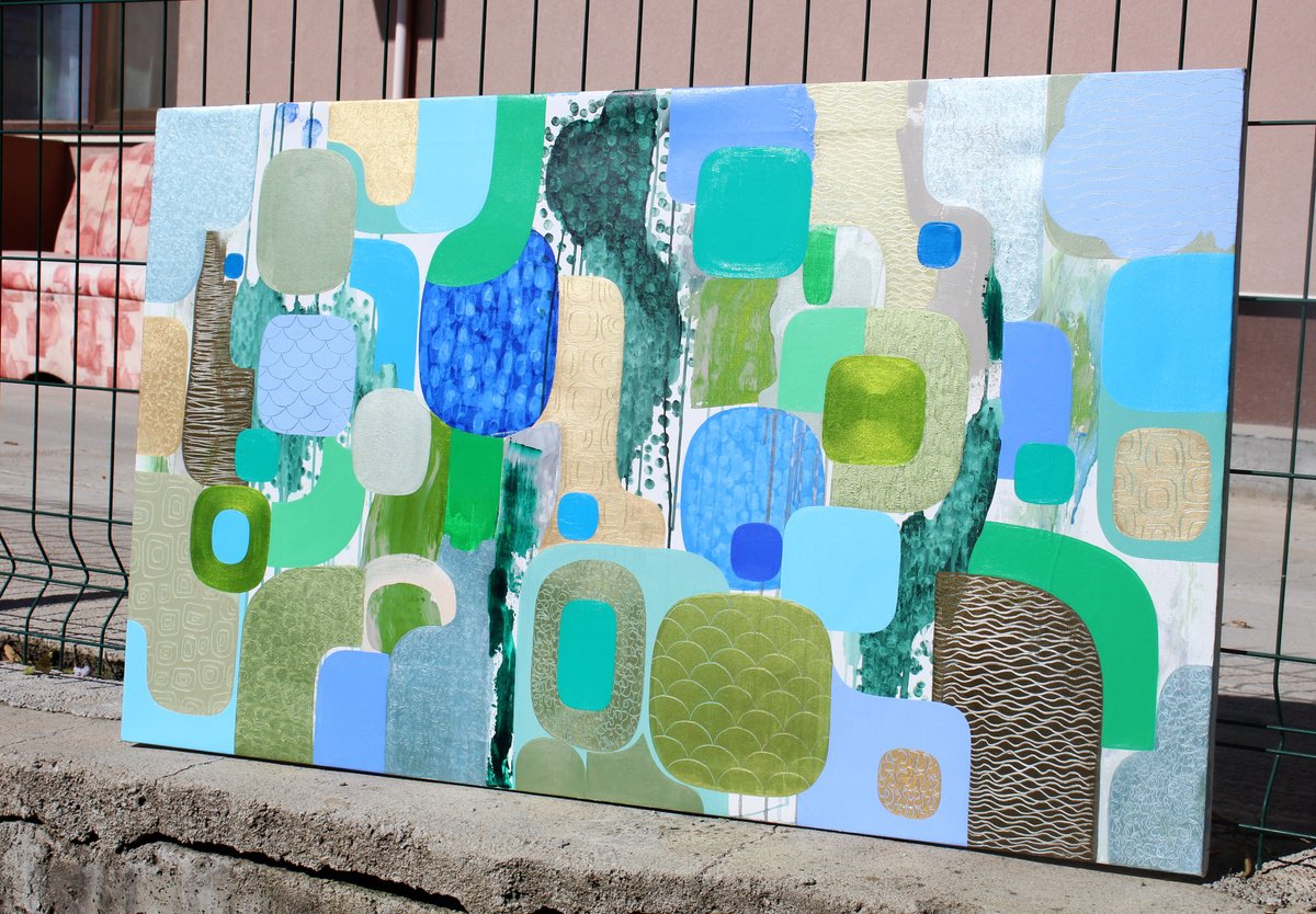 Abstract Acrylic Painting By Martina Boycheva, 47 X 28", Blue - Green Dreams, Original Artwork
