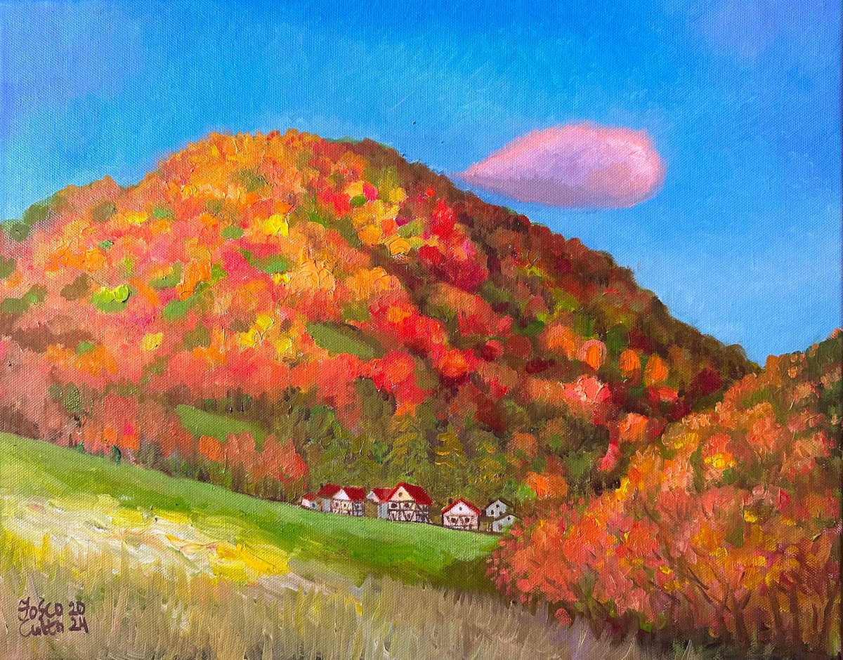 Impressionistic Landscape Oil Painting By Fosco Culto, 20 X 16, Autumn Hill And Funny Cloud, Original Artwork