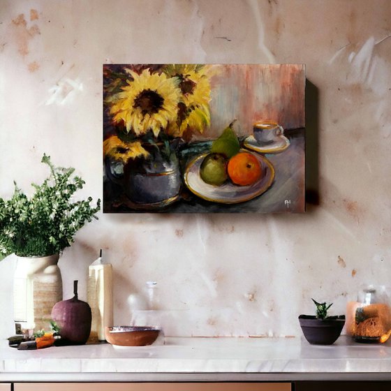 Still life with Sunflowers and fruit