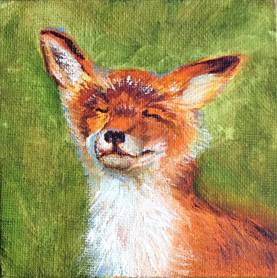 Animal original painting - Fox tiny artwork - Shelf painting - Framed canvas art (2021)