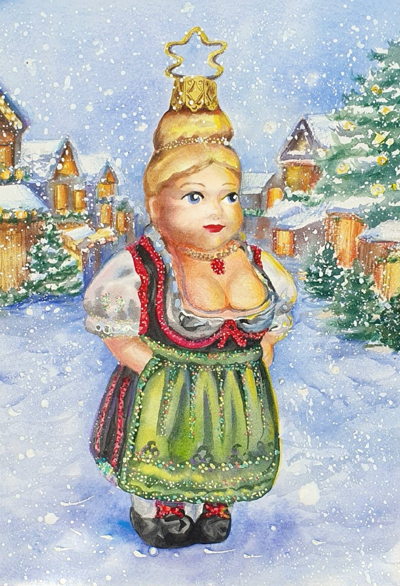 Naive Portrait Watercolour By Sonata Art, 12 X 16", Christmas Fraulein, Original Artwork