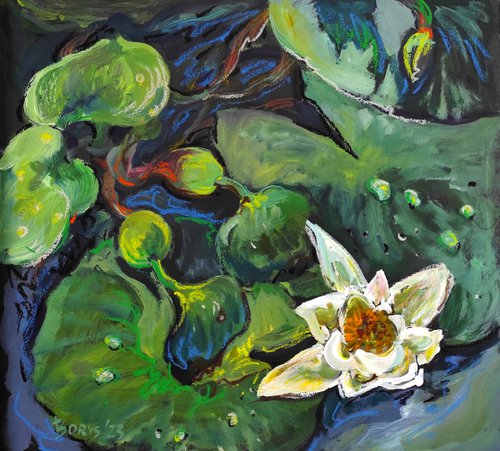 Japanese pond with white lotuses on blue water by Tetiana Borys
