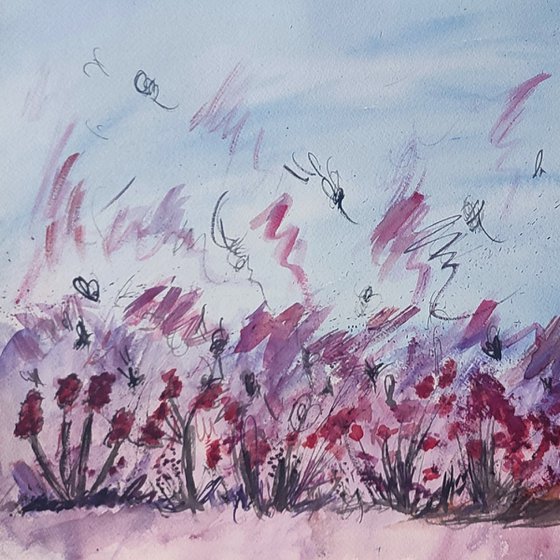 Fleurs rouges dans le vent - Watercolour