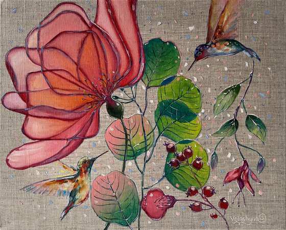 "Flying hummingbirds and flowers". Original oil painting