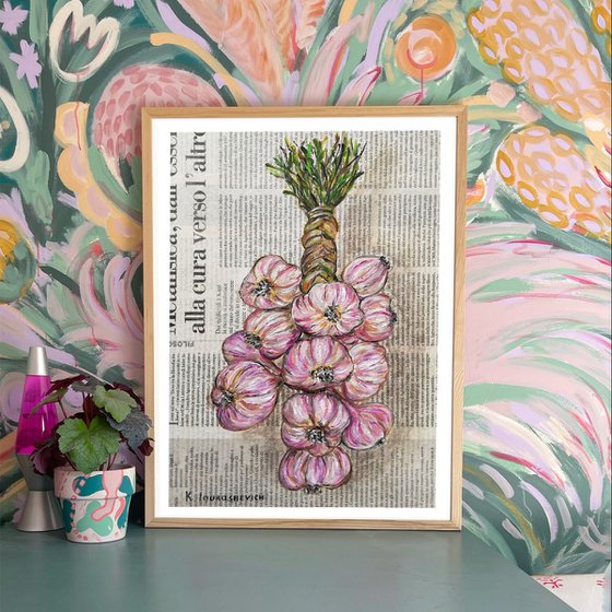 Garlic String on Newspaper