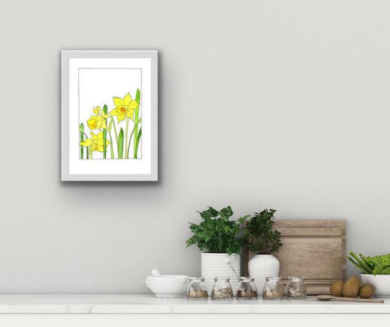 Yellow daffodils flowers mixed media illustration