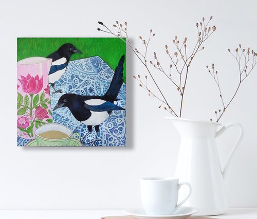 Two come to tea (two magpies for mirth) by Carolynne Coulson