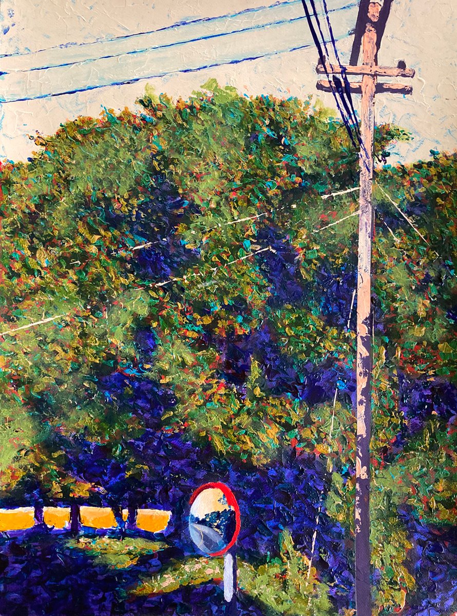 Impressionistic Landscape Acrylic Painting By John Cottee, 22 X 30, Tree On The Corner, Original Artwork