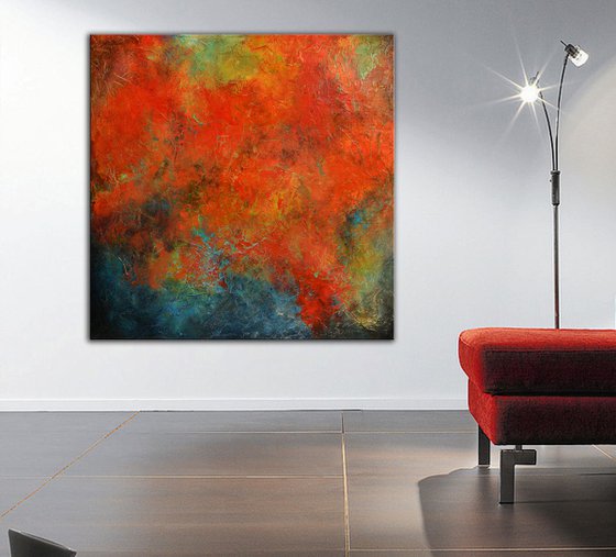 Reef City II - large square abstract painting with red and blue