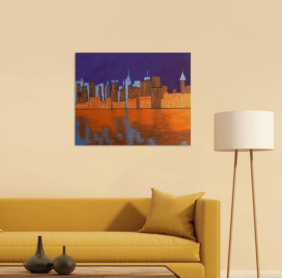 Midnight on the Hudson - New York cityscape on Hudson river evening reflections; home, office decor; gift idea