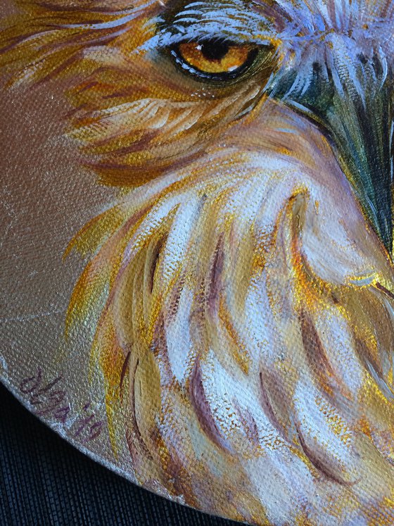 Bird original oil painting - Eagle-owl funny portrait - Silver leaf art - Round canvas wall art - Gift idea for him