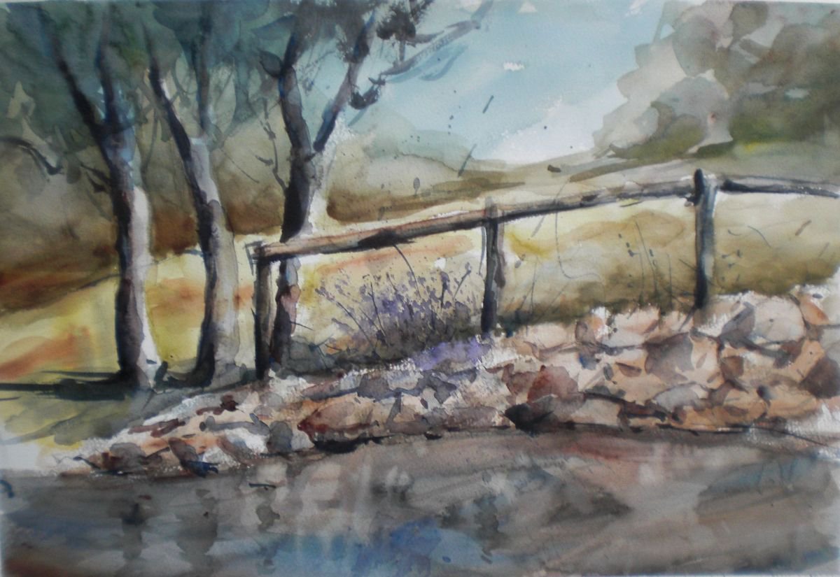 Expressive Landscape Watercolour By Giorgio Gosti, 19 X 13, Fence, Original Artwork