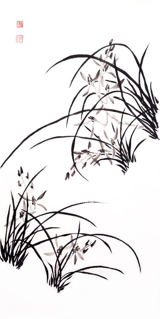 Ink monochromatic orchids - Oriental Chinese Ink Painting
