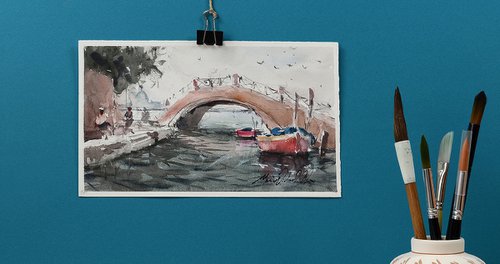 Venetian scene painted in watercolour. Venice watercolors by Marin Victor