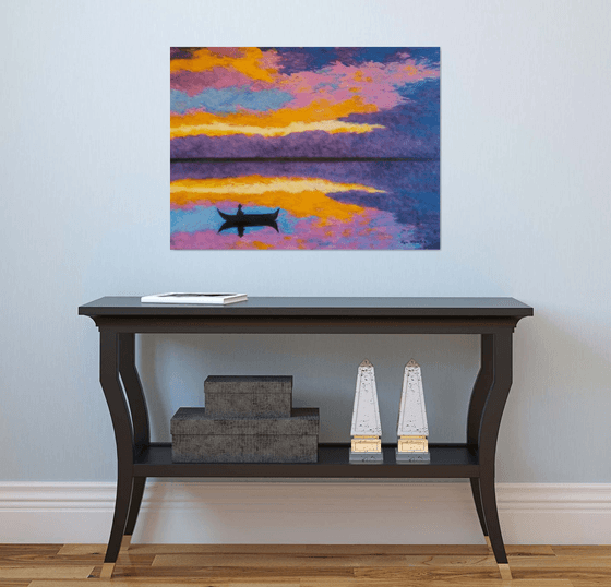 Silence - colorful evening on the lake; sunset; home, office décor