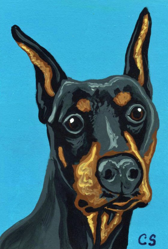 ACEO ATC Original Miniature Painting Doberman Pet Dog Art-Carla Smale