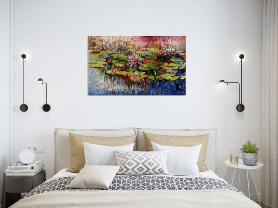 Water lilies pond oil original large impasto painting