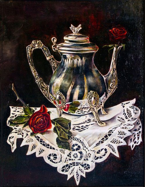 Silver coffee pot with roses on a lace doily by Inga Loginova