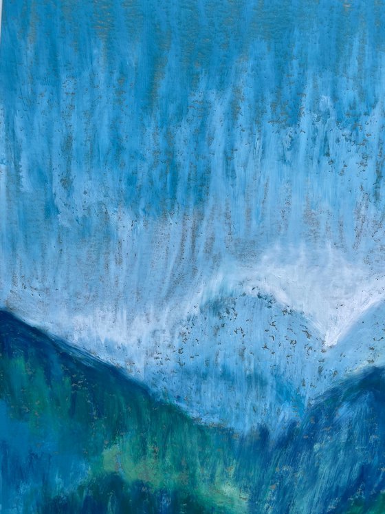 Mountain Original Painting, Oil Pastel Drawing, Green Landscape Artwork, Nature Wall Art