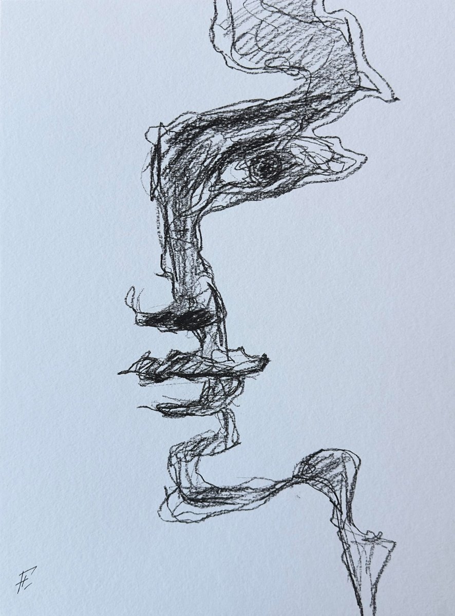 Expressive Portrait Charcoal Drawing By Nikola Gulev, 12 X 17", "Ethereal Essence", Original Artwork