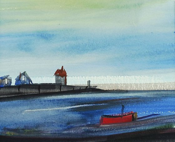 RED BOAT HARBOUR CEMAES BAY ANGLESEY. Original watercolour with mount (mat).