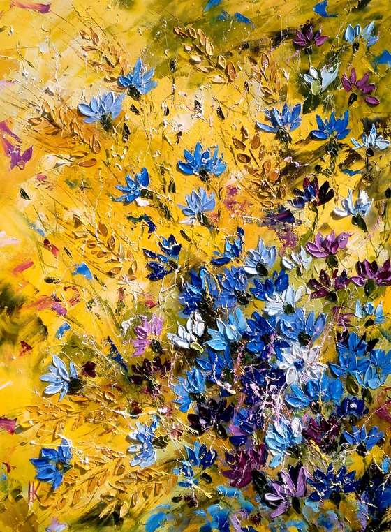 Cornflowers Painting Floral Original Art Meadow Flowers Canvas Artwork Wild Flowers Oil Impasto Pallete Knife Painting Home Wall Art 18 by 24" by Halyna Kirichenko