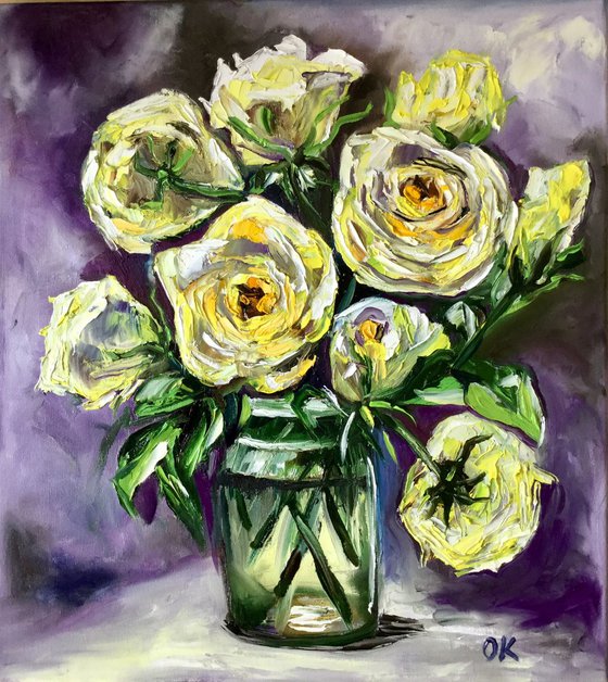 BOUQUET OF YELLOW  ROSES  palette knife modern purple   still life  flowers Dutch style office home decor gift