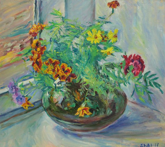 A bouquet in a pot-bellied vase