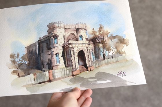 Morozov's mansion in Moscow, architectural sketch in watercolor