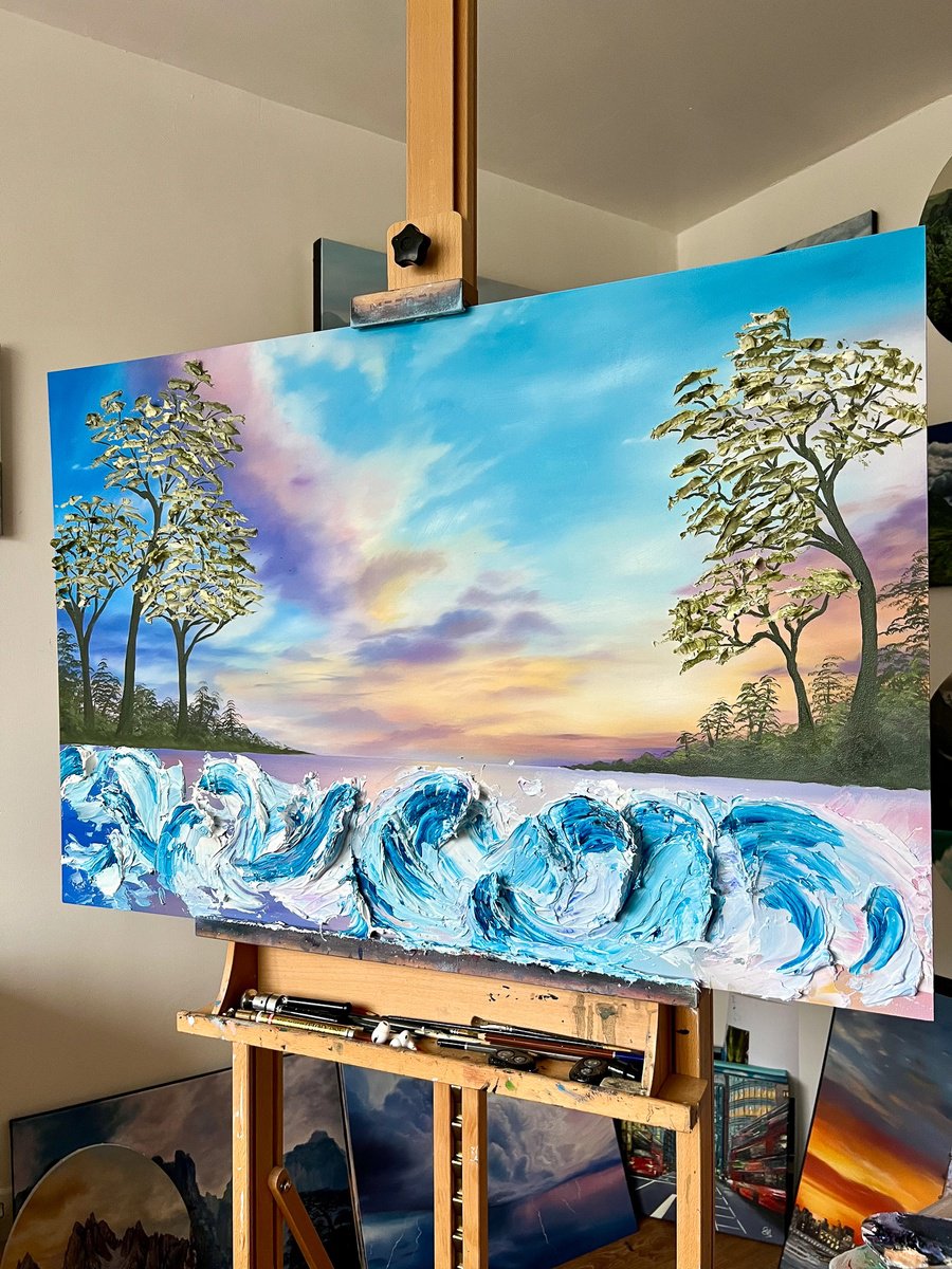 Impressionistic Landscape Oil Painting By Simona Nedeva, 36 X 24", Embrace The Waves, Original Artwork