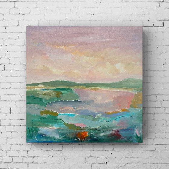 Sunset by the lake — contemporary landscape with optimistic and positive energy on stretched canvas