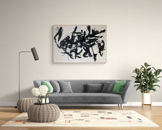 Woman flying with a black bird.Black and white abstract painting.