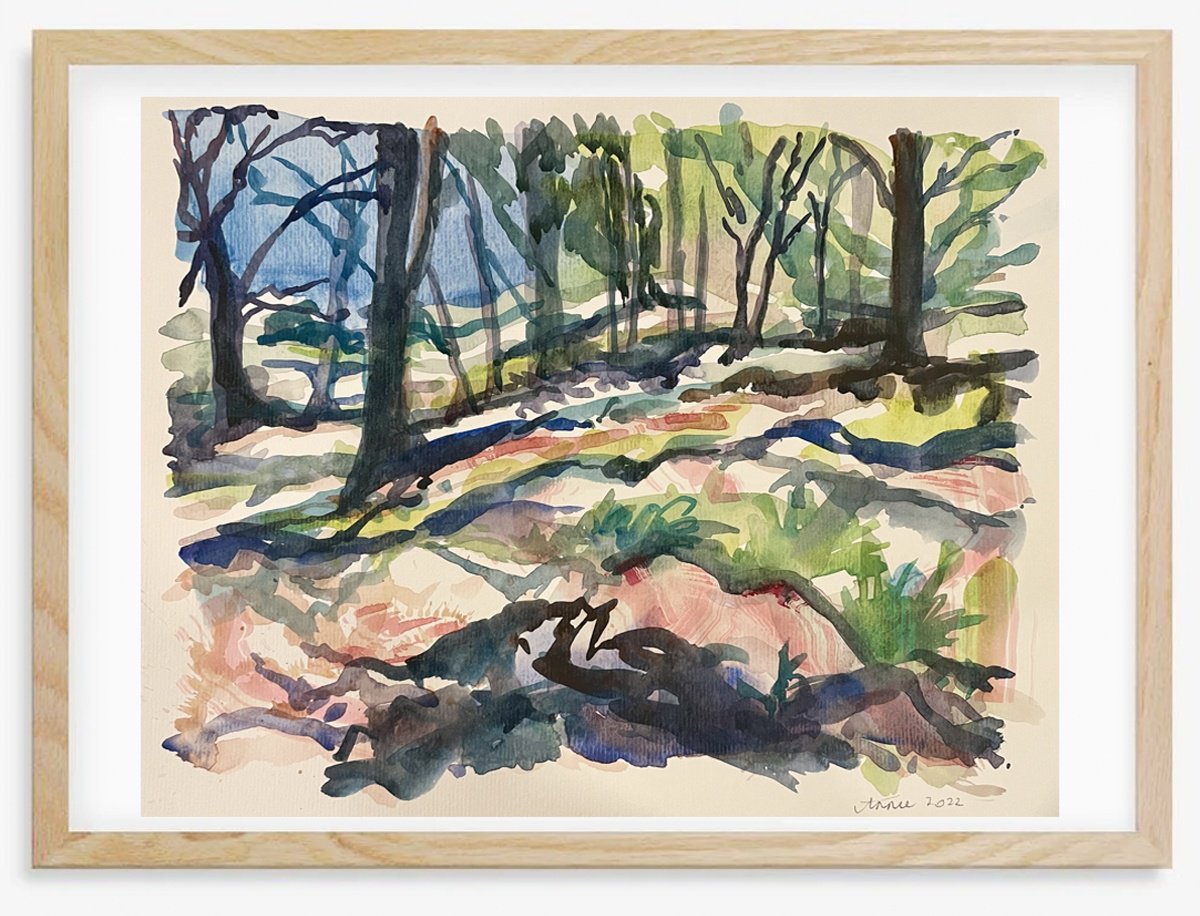 Impressionistic Landscape Watercolour By Annie Meier, 13 X 11, Through The Trees 3 - Mallorca, Original Artwork