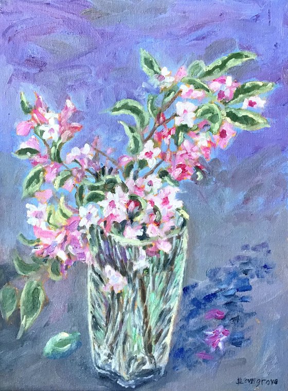Weigela blooms in an antique Vase - Another oil painting by Julian Lovegrove